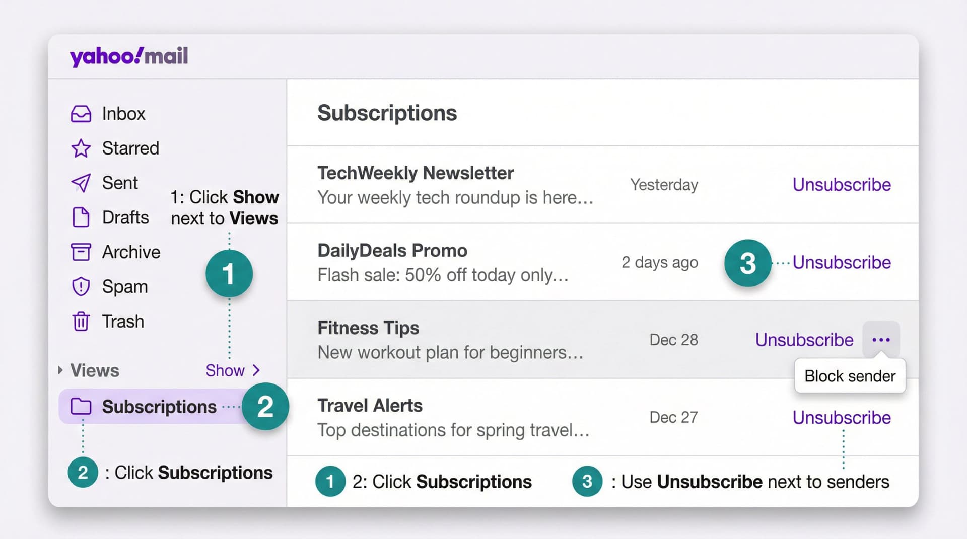 Yahoo Mail Subscriptions view showing the left sidebar navigation with Views expanded and Subscriptions folder highlighted, plus unsubscribe options for email senders