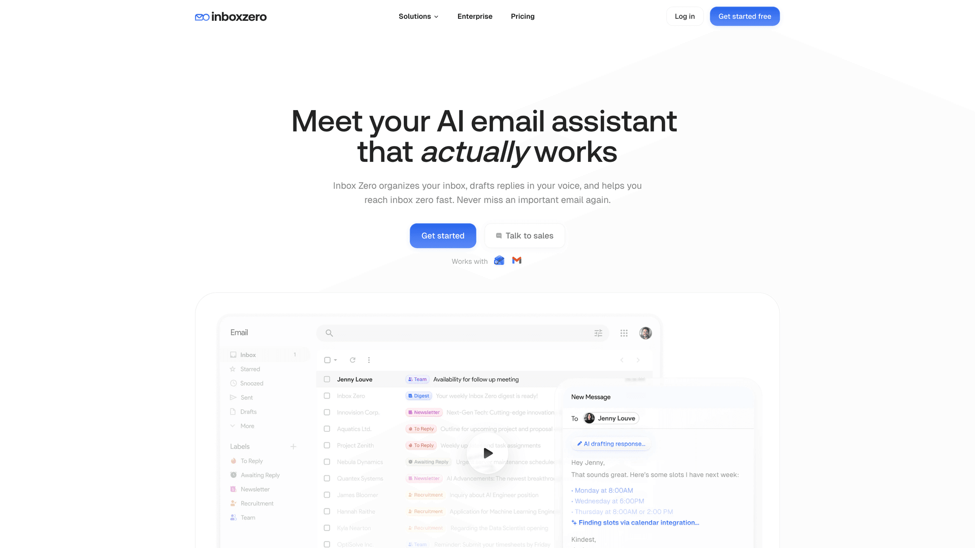 Inbox Zero AI email assistant homepage showing product features and email productivity tools