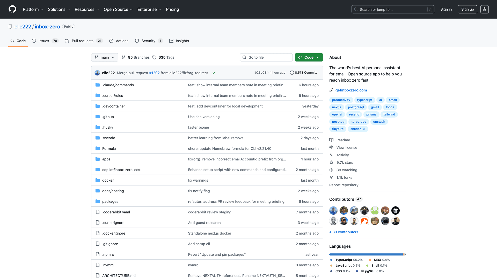 Inbox Zero GitHub repository showing open-source codebase with community contributions