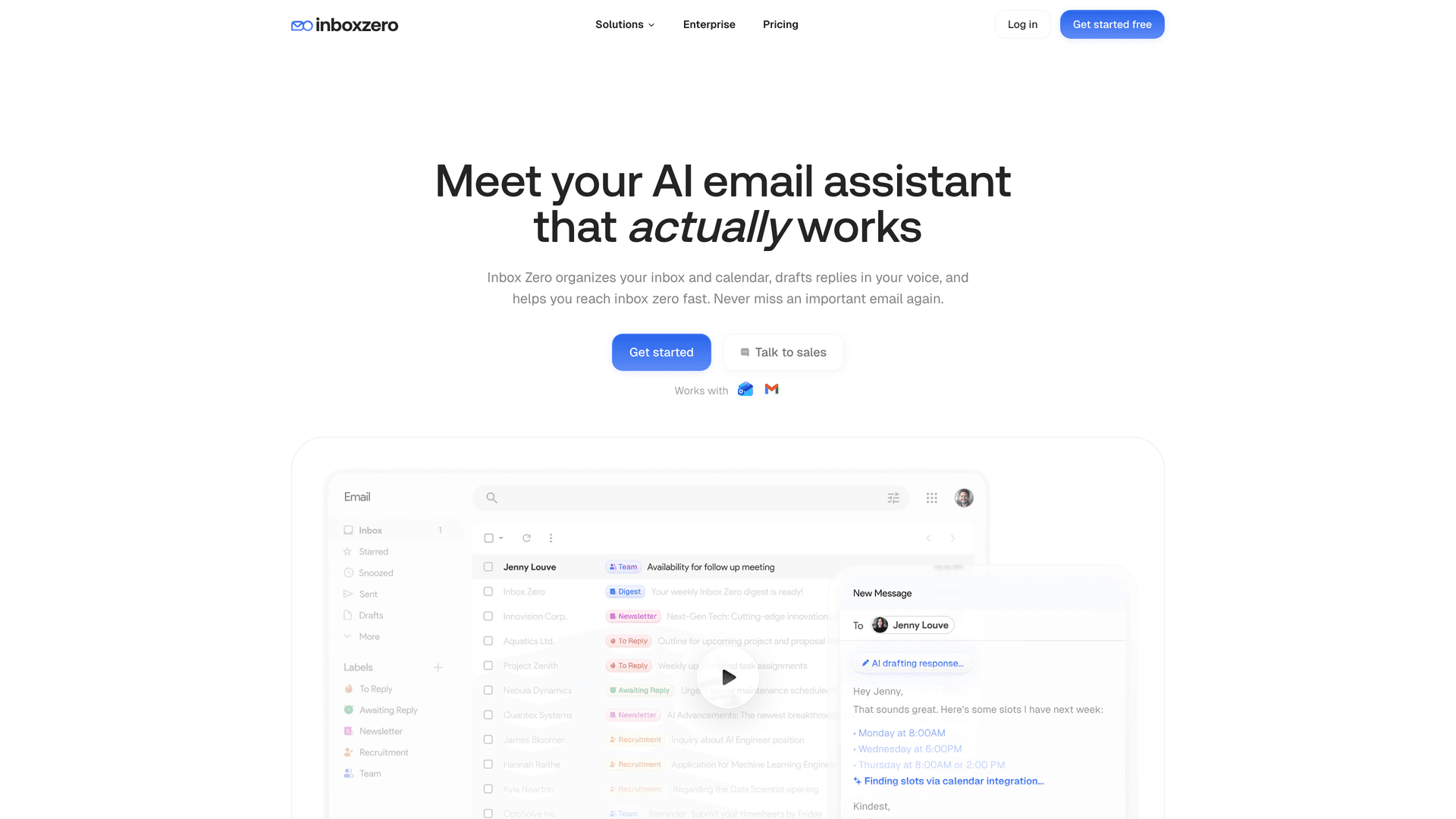 Inbox Zero homepage showing the AI email assistant interface with inbox management dashboard and product navigation