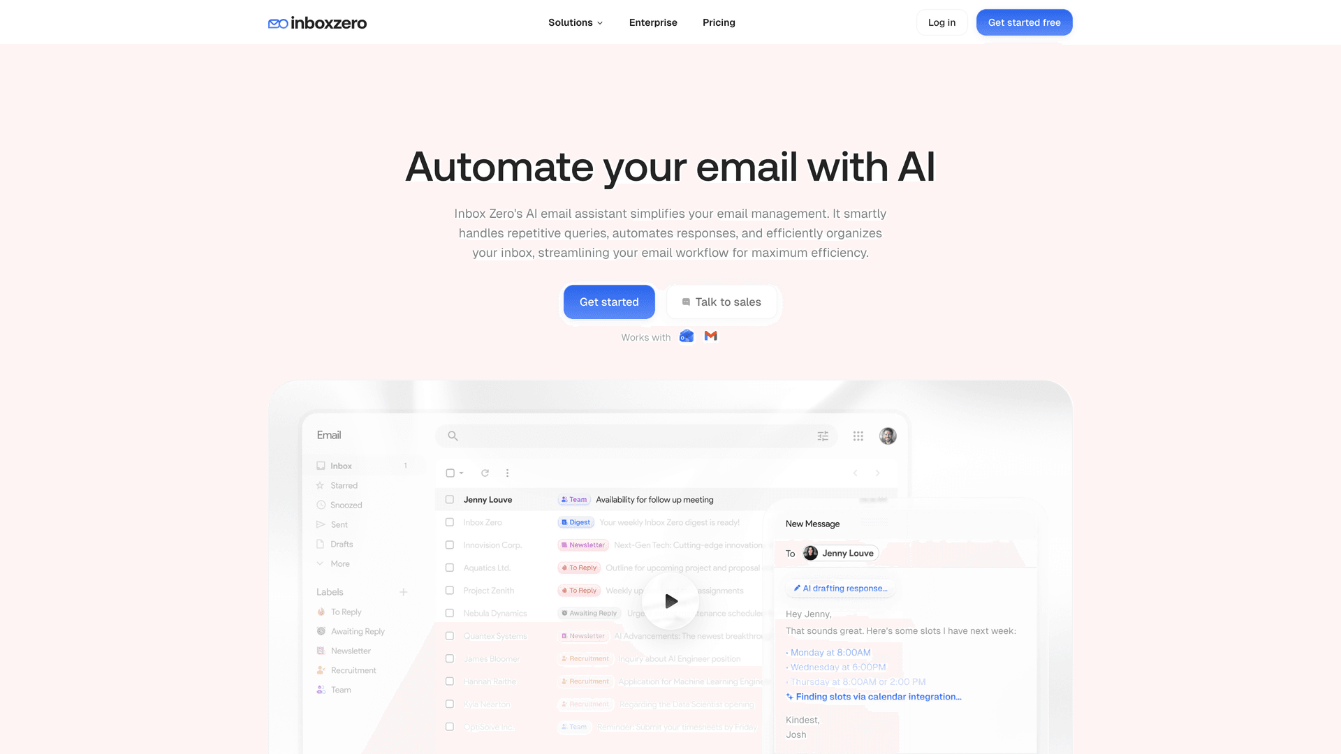 Inbox Zero AI automation feature page showing "Automate your email with AI" with Gmail inbox UI and reply drafting demo