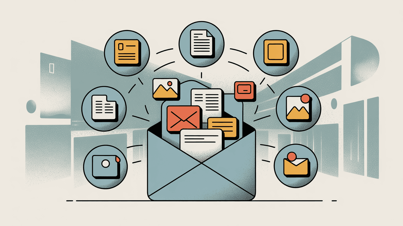 Email attachment management showing multiple file types organized around central inbox