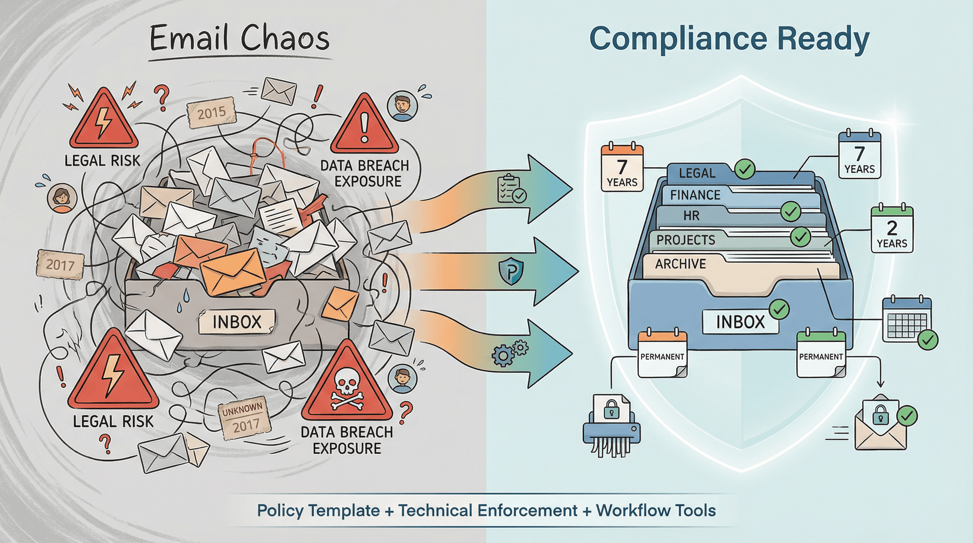 Visual transformation from chaotic email management to structured retention compliance with protected data and clear workflows